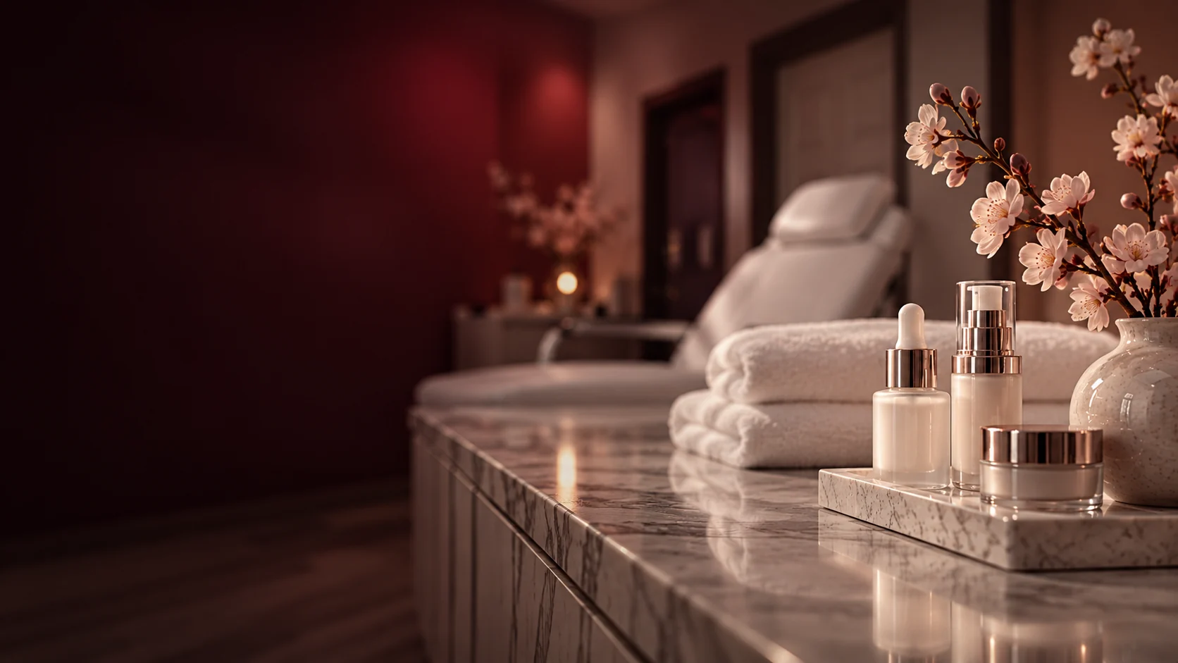 Treatment chair, folded towels, and skincare products in a softly lit wellness setting.