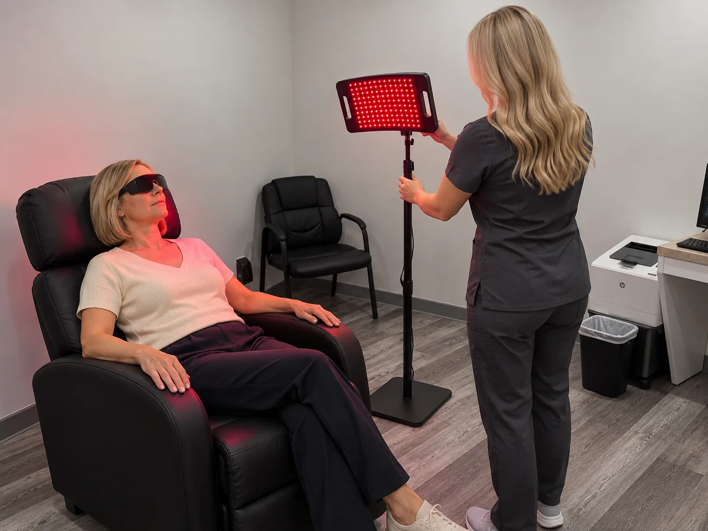 Woman reclining with protective eyewear while a provider adjusts a red light panel.