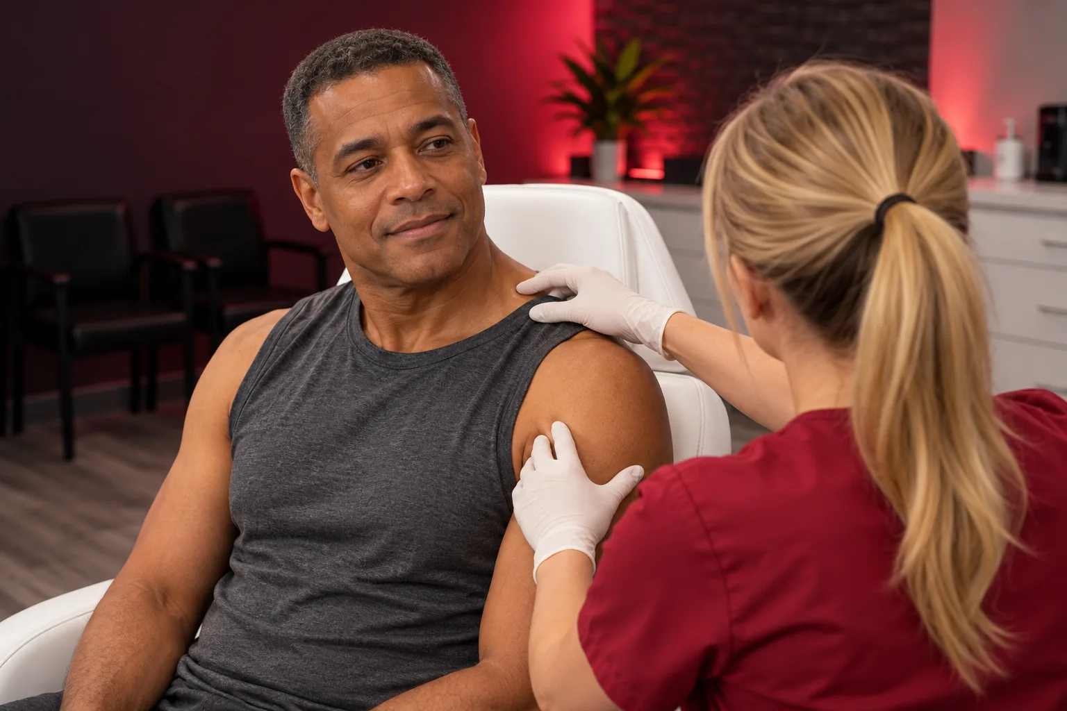 Gloved provider in crimson scrubs examining the upper shoulder of a seated man