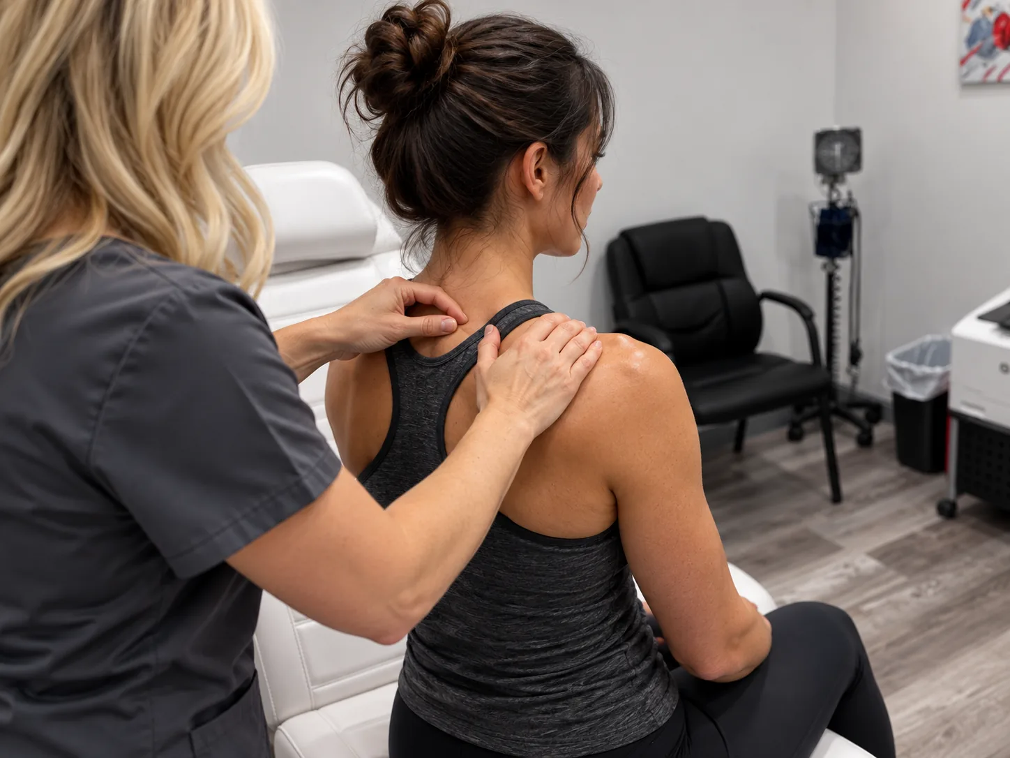 Provider assessing a seated woman’s upper shoulder.